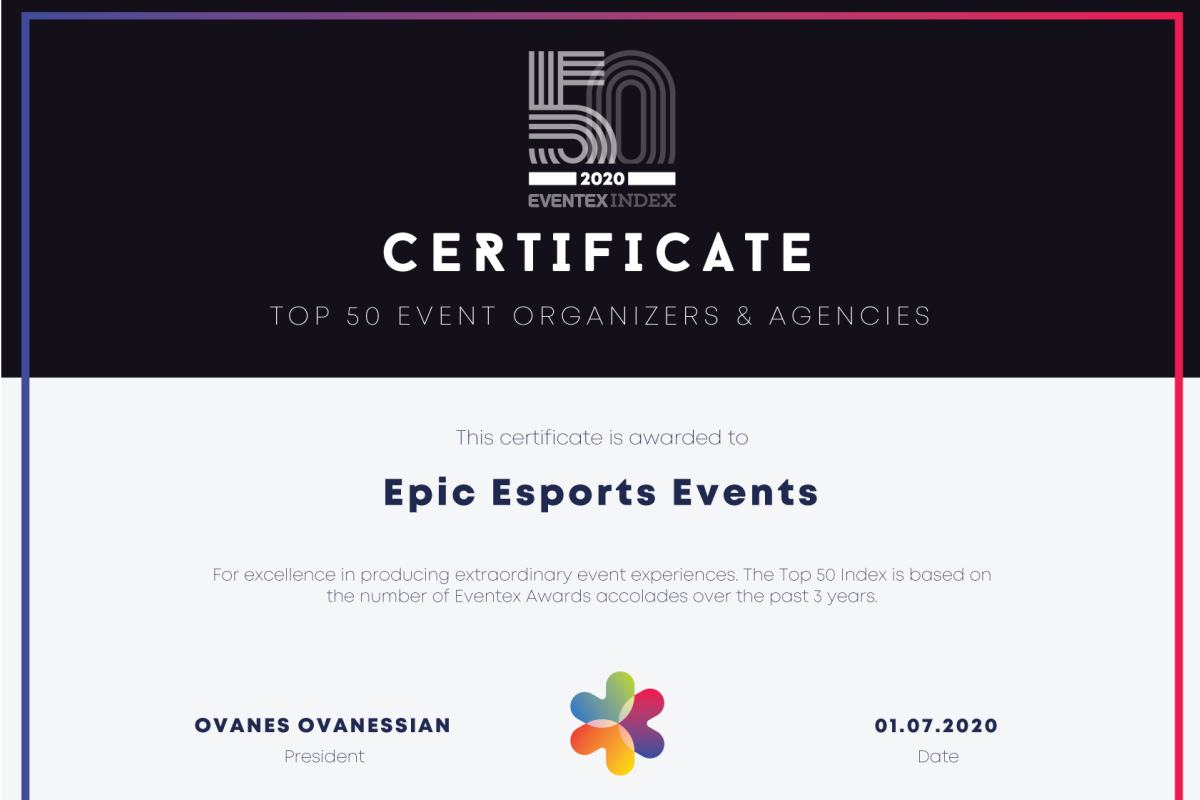 Epic Esports Events ranked 15th among the 50 best event companies in the world by Global Eventex Awards