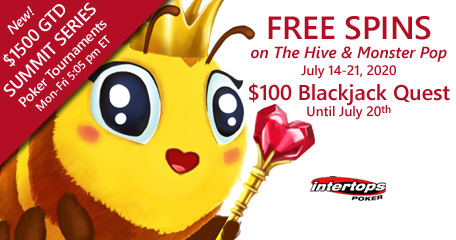 Buzzing spins deal on The Hive online slot and $100 Blackjack Quest this week at Intertops Poker