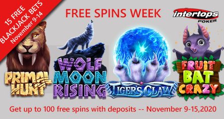 Intertops Poker featuring extra spins and blackjack bets this week