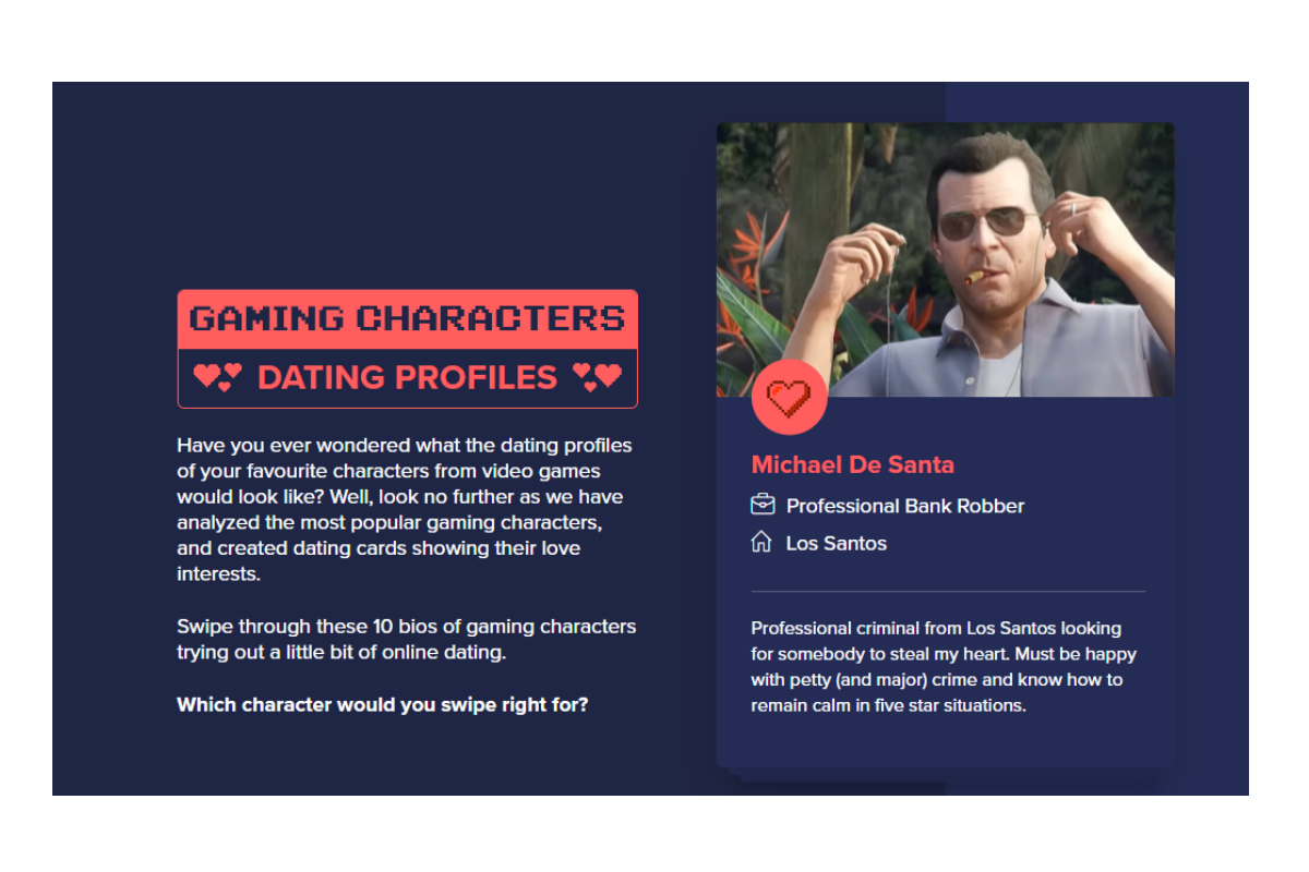 WHO PUSHES YOUR BUTTONS — WHAT WOULD POPULAR GAMING CHARACTERS’ DATING PROFILES LOOK LIKE?