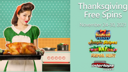 Intertops Poker announces upcoming Thanksgiving extra spins deal, blackjack bets, and new Christmas online slot coming this week