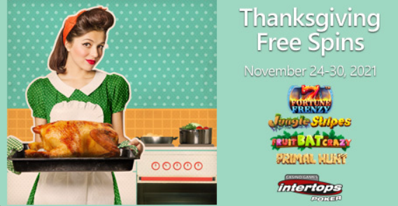 Intertops Poker announces upcoming Thanksgiving extra spins deal, blackjack bets, and new Christmas online slot coming this week