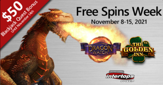 Intertops Poker extra spins back again this week with online slots Dragon Watch and the Golden Inn