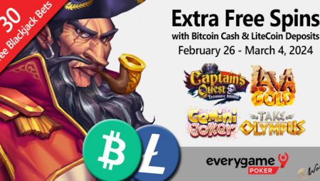 Everygame Poker Awards 20 Extra Free Spins to Bitcoin Cash and LiteCoin Deposits from February 26 to March 4, 2024  ‌